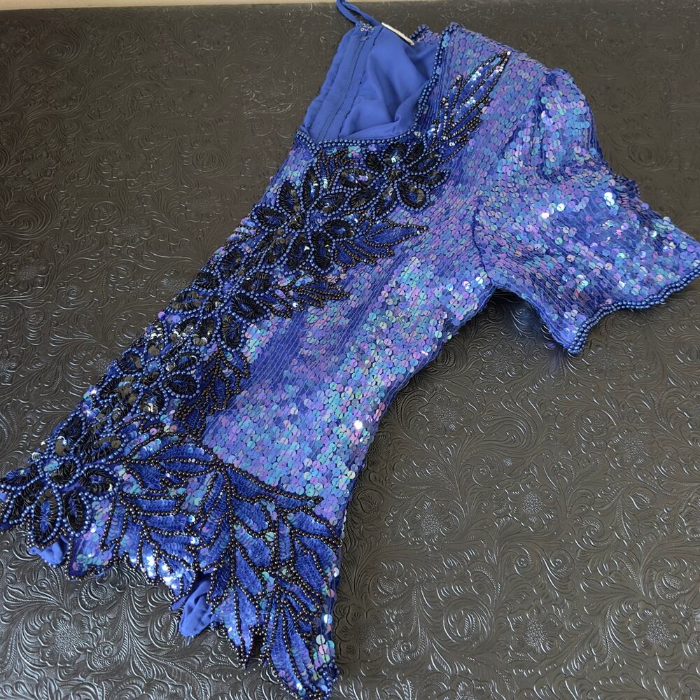 Stenay Cobalt Blue Hand-Beaded Silk Top - Sequin Vintage Glam - Handmade - XL - Picture 12 of 16